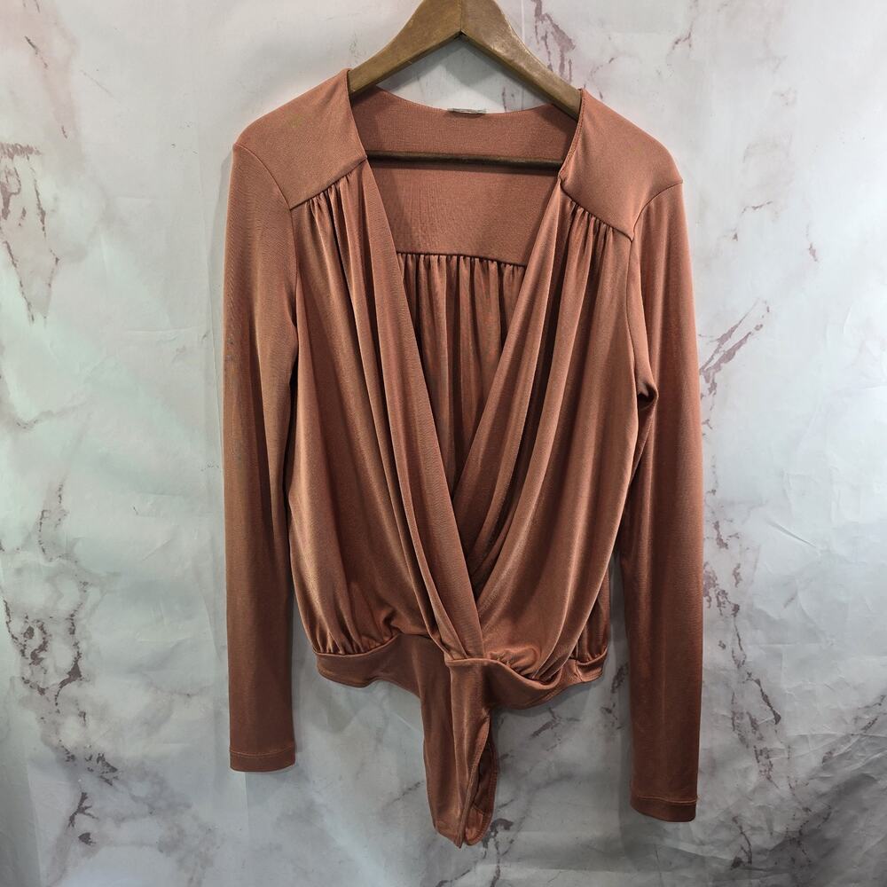 Free People Bodysuit Womens Large Peach Turnt Long Sleeve V Neck Thong Ginger